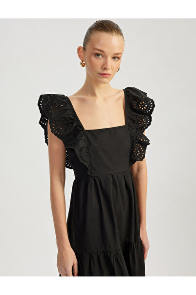 Koton Rochie brodate cu volane, cu căptușeală din bumbac, cu guler pătrat, lu...