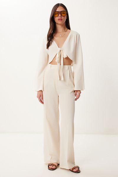 Lovelyİstanbul Linen Blouse Pants Set with Tie Detail Cream Lbv0068