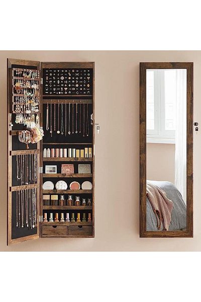 SONGMICS Jewelry Cabinet With Mirror, Mdf, Wall Mounted, 37x10x120 Cm, Rustic Brown