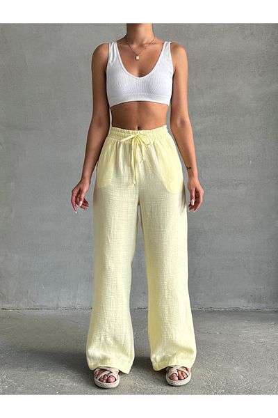 BEJNA Women's Yellow Muslin Palazzo Pants