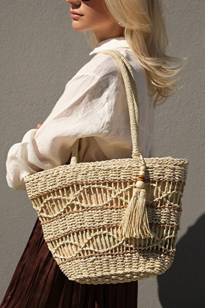 Külah Πλεκτή χειροποίητη τσάντα παραλίας με λεπτομέρεια φούντας - Μπεζ