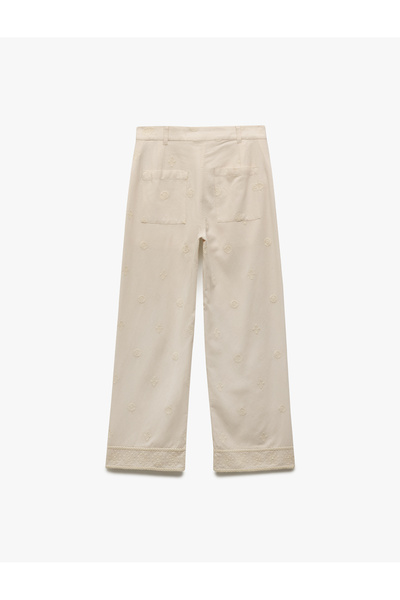 Koton Viscose-Cotton Blended Embroidered High Waist Straight Loose Leg Pants