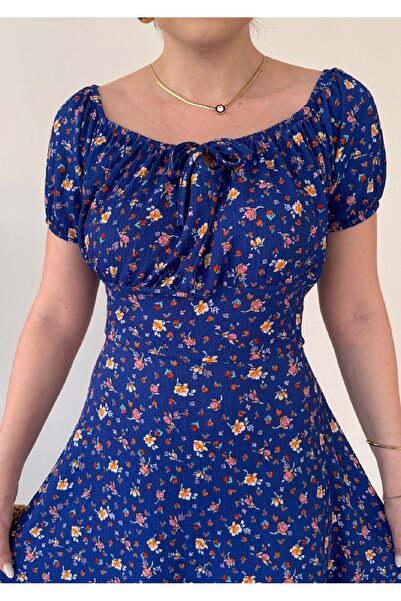 Dks Life Boat Neck Tie Front Floral Patterned Chest Gathered Midi Dress