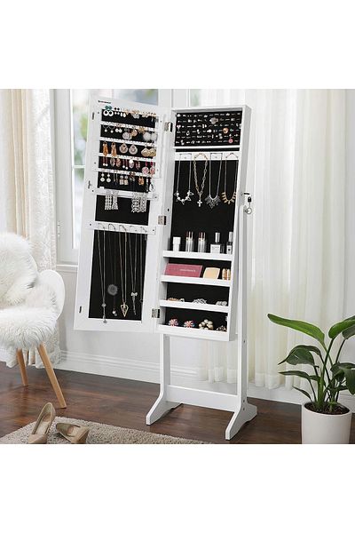 SONGMICS Floor mirror with stand, made of MDF, storage space, 41x37x152 cm, white