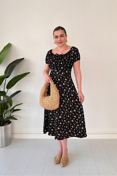 Dks Life Boat Neck Tie Front Floral Patterned Chest Gathered Midi Dress