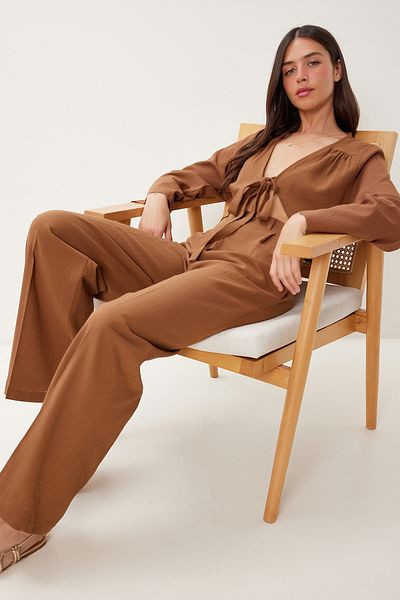 Lovelyİstanbul Linen Blouse Pants Set with Tie Detail Brown Lbv0068
