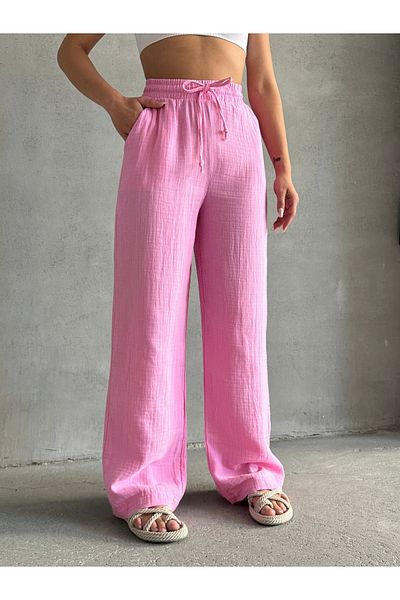 BEJNA Women's Pink Muslin Palazzo Trousers