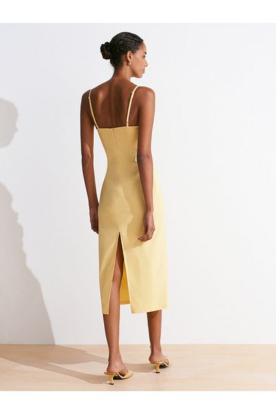 Dilvin 91479 Gathered Midi Dress-Yellow
