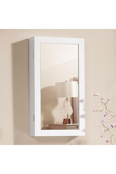 SONGMICS Jewelry Cabinet With Mirror, Wall Mounted, Lock, 37x11x67cm, White