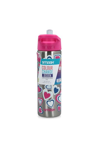 Smash Heart Printed Stainless Steel Color Changing Water Bottle Silver and Pink 750ml