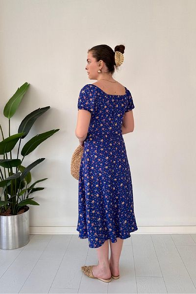 Dks Life Boat Neck Tie Front Floral Patterned Chest Gathered Midi Dress