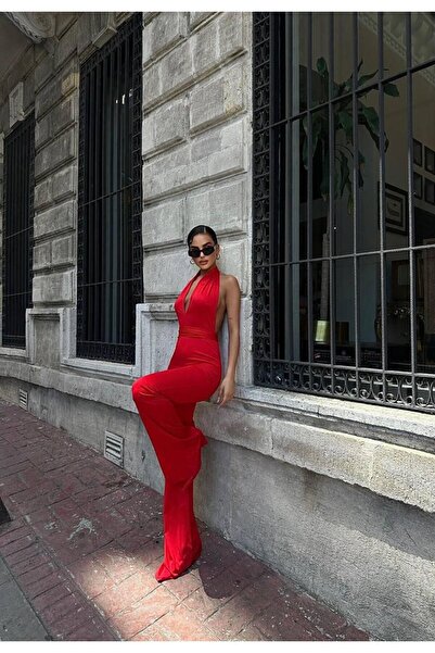 Genel Markalar Halter Yaka Dalgıç Kumaş Yüksek Bel Toparlayıcı İspanyol Paça Tulum