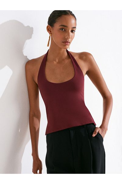 Dilvin 31753 Halter Neck Top-Burgundy