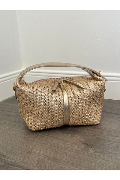 nura Gold Women's Straw Interlocking Sandal Hand and Shoulder Bag