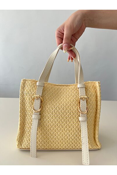 yako Ψάθινη τσάντα χειρός και ώμου με δερμάτινη λεπτομέρεια και λουράκι ώμου