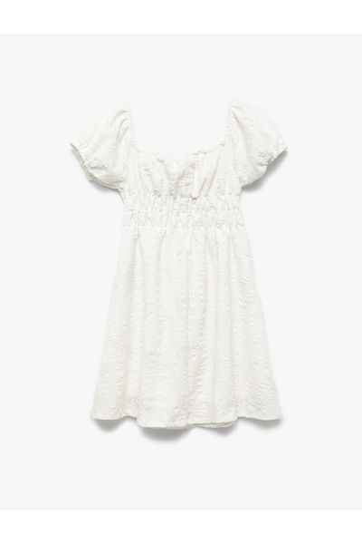 Koton Crew Neck Brode Bow Detailed Balloon Sleeve Dress