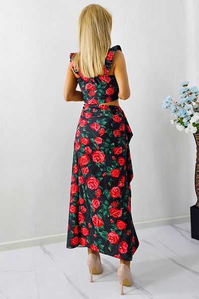 FashionForYou Summer Party outfit, ruffled top and rose print skirt, Black, Size S/M