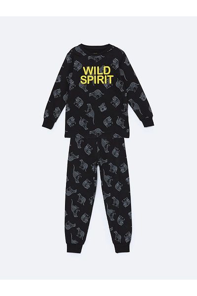 LC Waikiki Lcw Kids Anthracite Crew Neck Printed Long Sleeve Boys' Pajamas Set