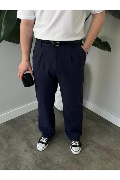 MODA Dark Blue Belted Pleated Summer Trousers