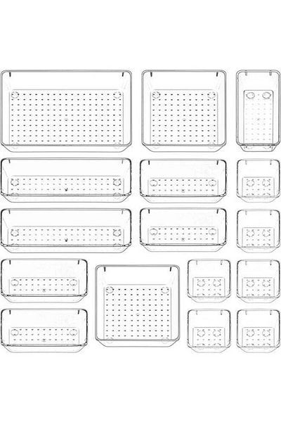 COOYA 16 Pcs Desk Drawer Organizers Trays Set Clear Plastic Storage for Bedroom Dresser Makeup