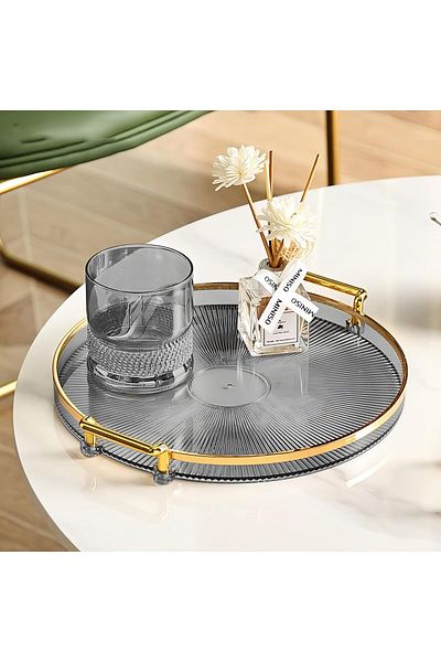 COOYA Round Decorative Serving Tray with Handles Acrylic Food Tray for Coffee Table, Bar Drinks (Grey)