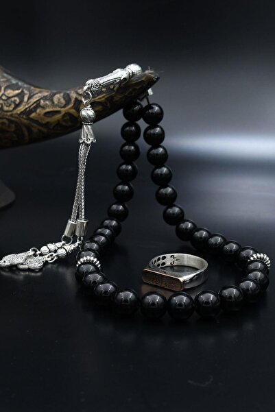 Prestige Doğal Oniks Taşlı Tesbih Ve 925 Ayar Gümüş Yüzük Hasbiyallah Allah B...