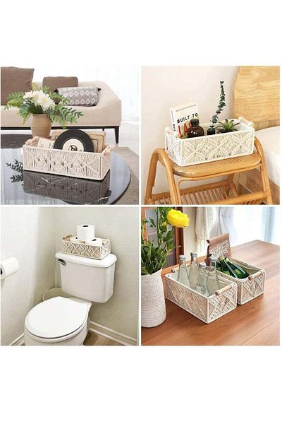 COOYA Handmade Woven Cotton Rope Storage Bins, Macrame Decorative Tray Boho with Wood Handles, for Home