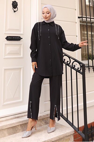 Modamihram Перлен детайлен костюм черен 19259