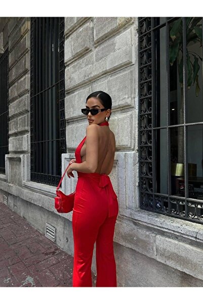 Genel Markalar Halter Yaka Dalgıç Kumaş Yüksek Bel Toparlayıcı İspanyol Paça Tulum