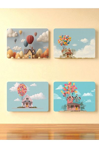 lili hediyelik 4-Piece Mousepad with Village House and Balloon Printed 17X21 cm