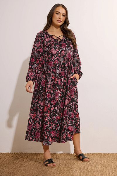 Şans Women's Plus Size Black, Floral Print Long Sleeve Pocket Dress 65N39001
