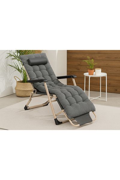 SERSIMO Folding Chaise Lounger With Cushion And Adjustable Footrest, 176x66x92 Cm, Grey