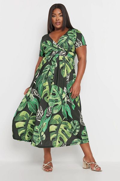 Şans Women's Plus Size Green, Wrap Collar, Short Sleeve, Leaf Pattern Long Dress 65N39000