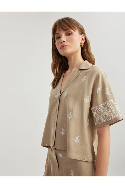 Koton Viscose Ethnic Patterned Embroidered Short Sleeve Oversize Crop Shirt
