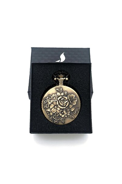 valkyrie Zarif Kabartma Çiçek Desenli Vintage Bronz Cep Saati - Kolye Köstekli Retro Hediye
