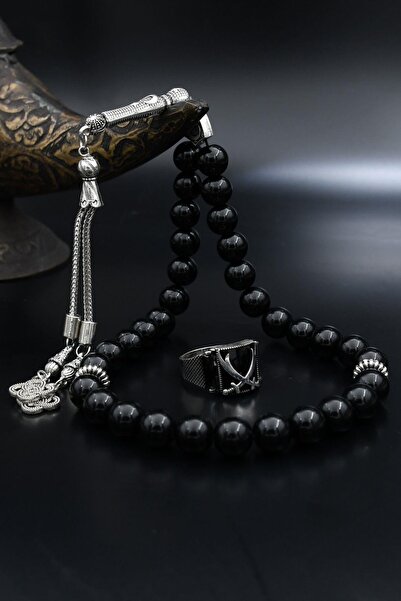 Prestige Doğal Oniks Taşlı Tesbih Ve 925 Ayar Gümüş Yüzük Zülfikar Hz. Ali'ni...