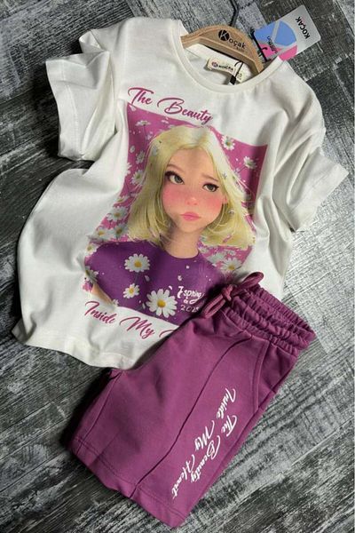 Riccotarz Set tricou din bumbac pieptănat imprimat cu scrisoare Daisy și frumusețea pentru fete cu pantaloni scurți violet