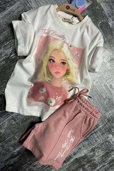 Riccotarz Set tricou din bumbac pieptănat imprimat cu scrisoare Daisy și frumusețea pentru fete cu pantaloni scurți pudra