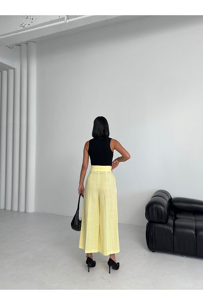 OUZ Fashion Women's Linen Buckle Detailed Ankle Length Wide Leg Trousers