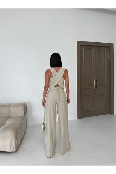 OUZ Fashion Women's Linen Cross-Back Pocket Pants Double Set