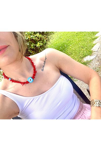 Markiz Takı Blue Evil Eye Coral Necklace
