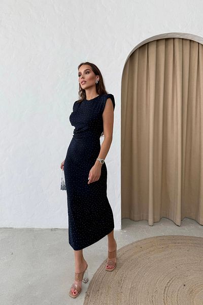 MOZENA Padded Stone Detailed Long Pencil Dress with Slit on the Back