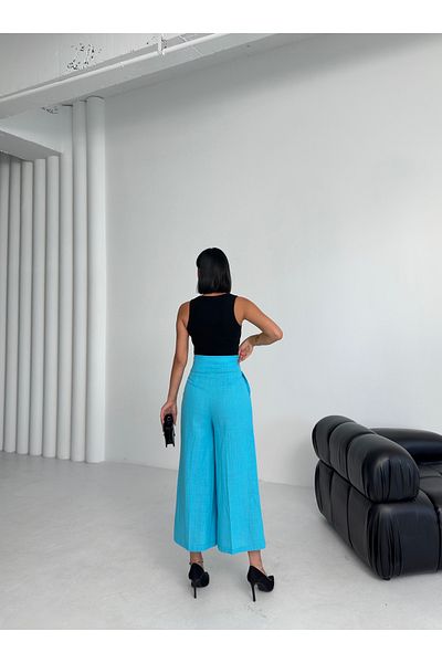 OUZ Fashion Women's Linen Buckle Detailed Ankle Length Wide Leg Trousers