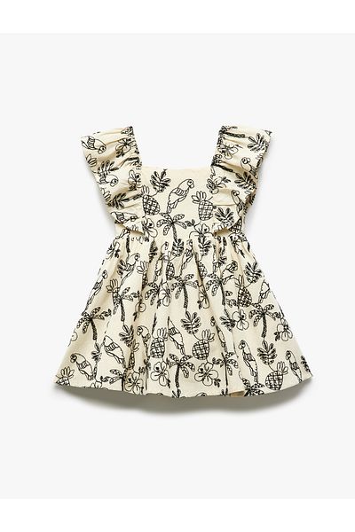 Koton Cotton Square Neck Sleeveless Gipe Detail Embroidered Ruffle Dress