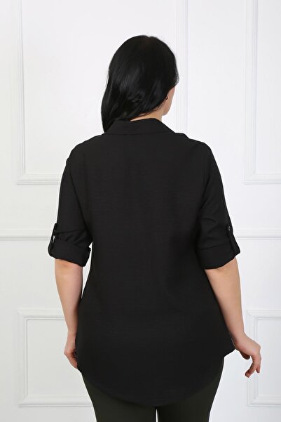 By Alba Collection Γυναικείο Μαύρο Μαλακό Λινό Πουκάμισο Plus Size