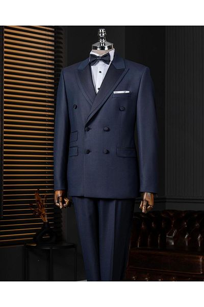 TerziAdemAltun Italian Style Slim Fit Double Breasted Jacket Pants Groom Suit Set Navy Blue T14005