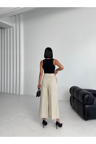OUZ Fashion Women's Linen Buckle Detailed Ankle Length Wide Leg Trousers