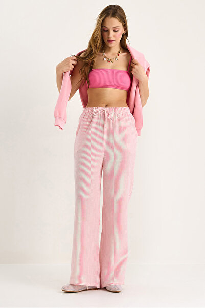 Bianco Lucci Women's Elastic Waist Pocket Detailed Striped Muslin Palazzo Trousers 60281077