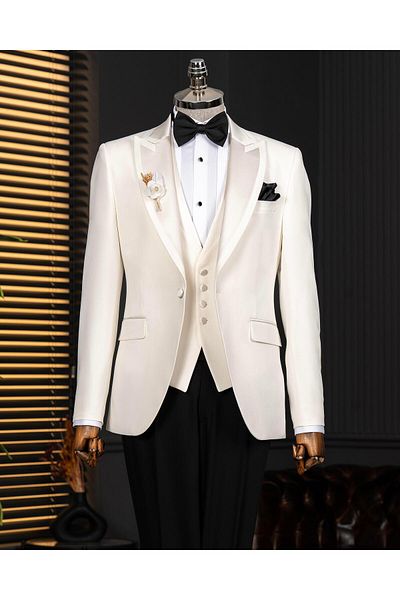 TerziAdemAltun Italian Style Slim Fit Shawl Collar Jacket Vest Pants Groom Suit Set Ecru T14333