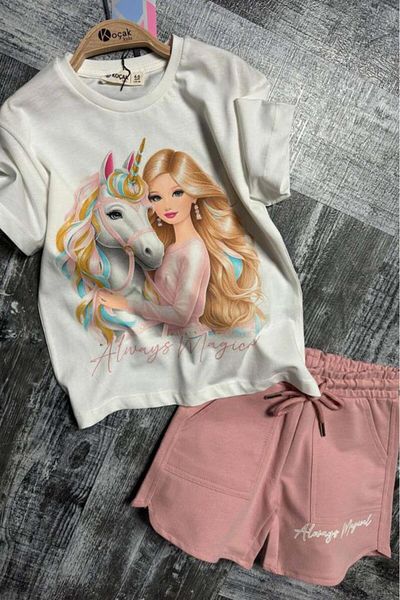Riccotarz Set tricou din bumbac pieptănat cu imprimeu digital pentru bebeluși și cal pentru fete, cu pantaloni scurți pudră